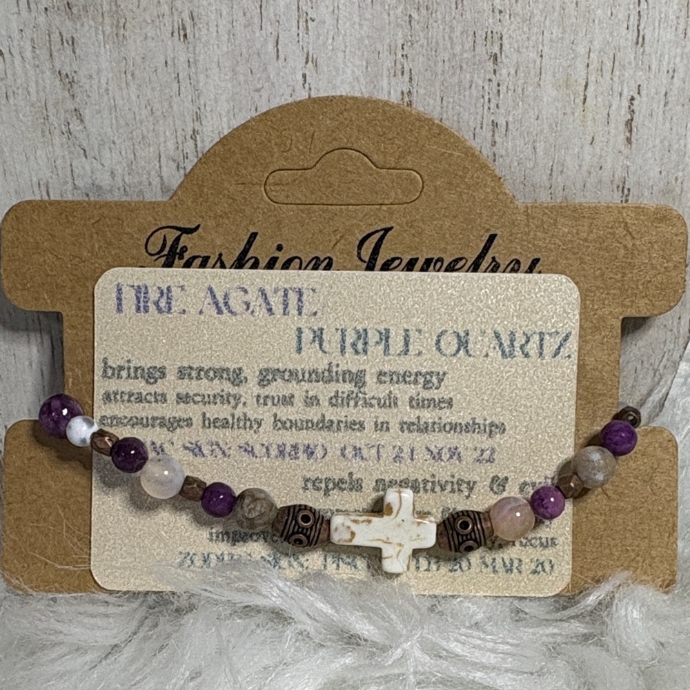 Purple and White Beaded Bracelet with Cross Charm